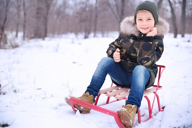 Ragazzo carino con la slitta nel parco innevato in inverno