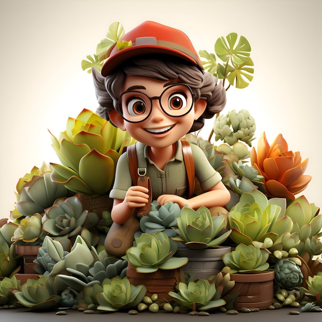 Photo cute boy with succulent plants in a pot 3d illustration