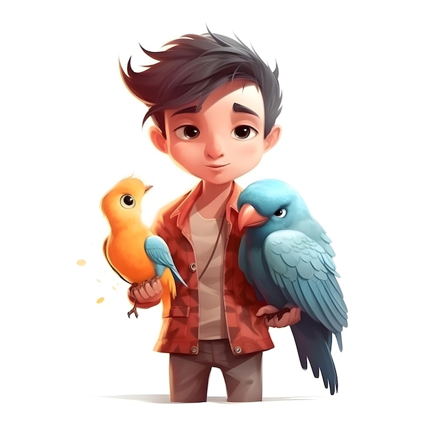 Cute boy with two parrots isolated on white background Vector illustration