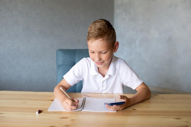 Cute boy writes in an open notebook and looks at the phone