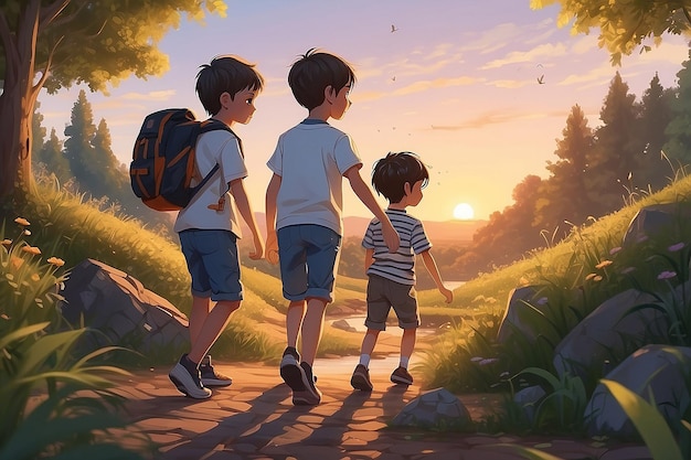 Cute boys playing in nature at sunset generated by AI