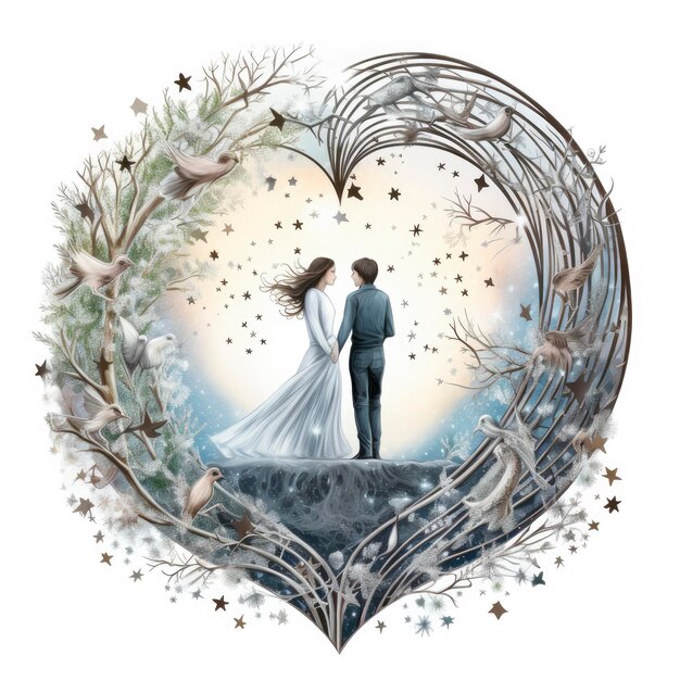 Cute bride and groom with flower background