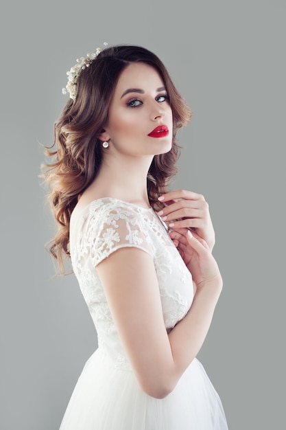 Beautiful Bride in White Wedding Gown, Young Fiancee with Perfect Hairstyl  and Makeup Stock Photo - Alamy