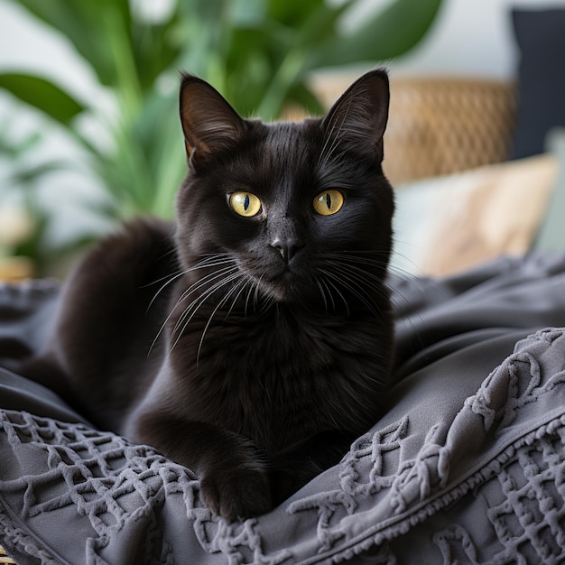 cute British black cat sleeping on bed with white black and in the living room background