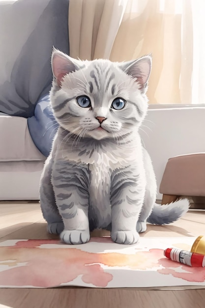 かわいいブリティッシュショートヘア猫の水彩スケッチ図