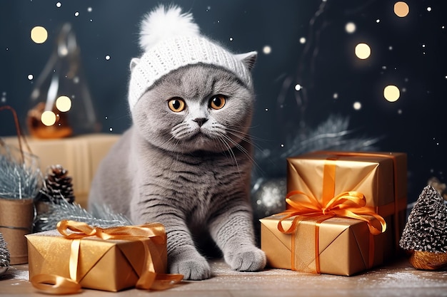 Photo cute british shorthair kitten in knitted hat with christmas gift boxes on holiday background