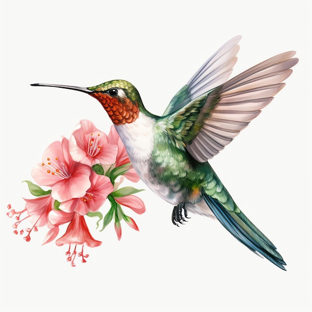 Красивая акварельная иллюстрация птицы-колибри с широким хвостом