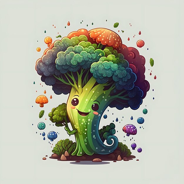 Cute broccoli digital art style colorful cartoon