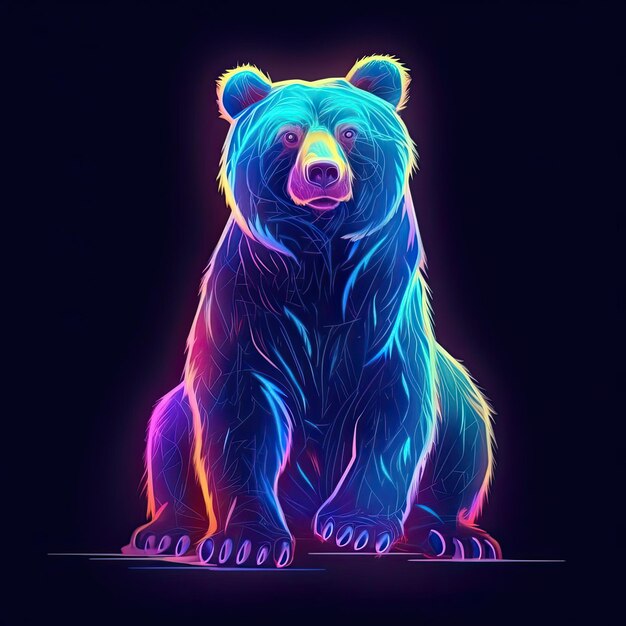Cute Brown bear animal in neon style Portrait of glow light animal Generative AI art