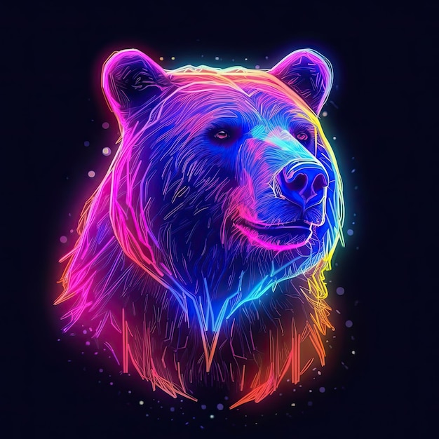 Cute Brown bear animal in neon style Portrait of glow light animal Generative AI art