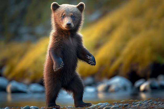 Cute brown bear with cubs waving his paws and walking along shore