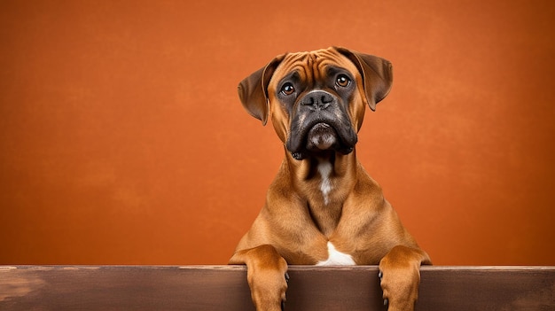 A cute brown boxer sits in front of a blank poster with space for text brown background