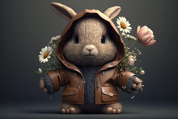 Cute brown bunny in a gray fluffy sweater and brown leather jacket with a hood generative ai