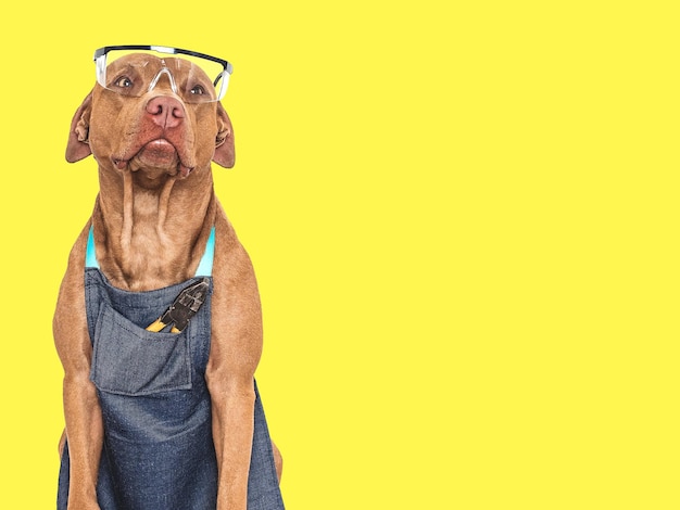 Cute brown dog apron and goggles Closeup indoors Studio photo Congratulations for family relatives loved ones friends and colleagues Pets care concept