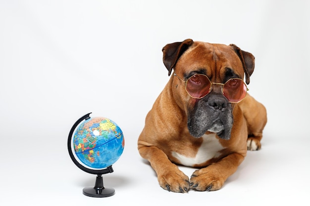 Cute brown dog with glasses near the globe on a white background