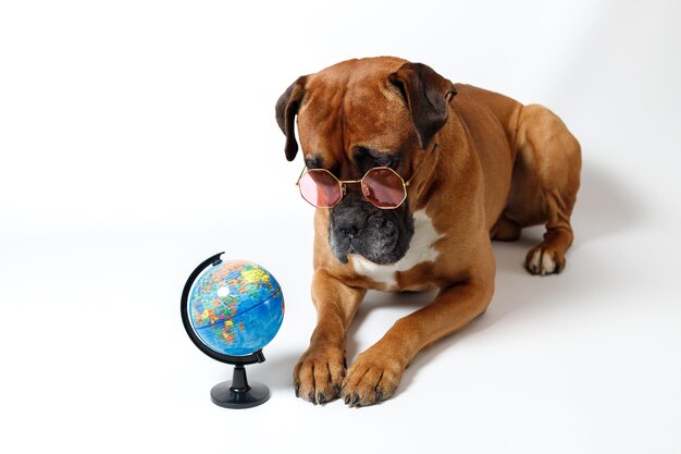 Cute brown dog with glasses with a globe on a white background