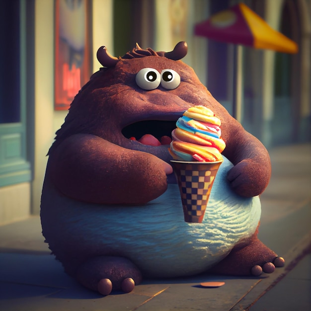 cute brown fat monster eating ice cream