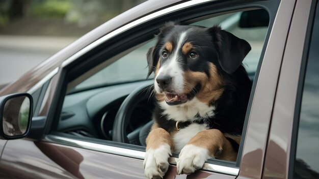 Photo cute brown formosan mountain dog looking out of a car window during daytime