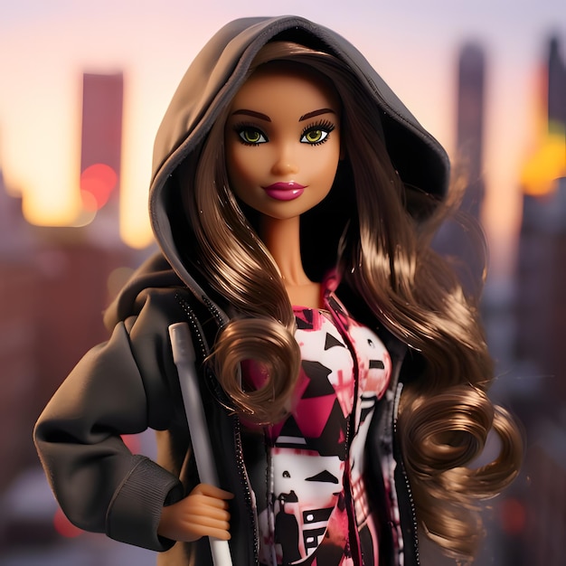 Cute brown haired Barbie wearing a hoodies against blurred city background Close side view