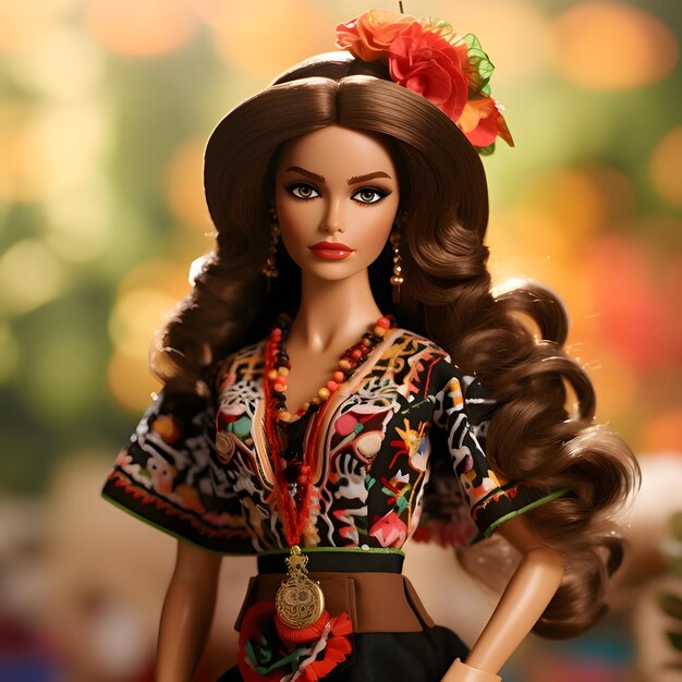 Cute brown haired Barbie wearing a patterned dress against blurred green background Close front view