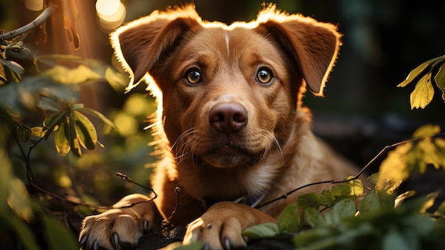 A cute brown Labrador Retriever dog poses for the camera while surrounded by bokeh foliage A cheerful dog is seen in a blank headshot at dusk perched on a nice spring leaf