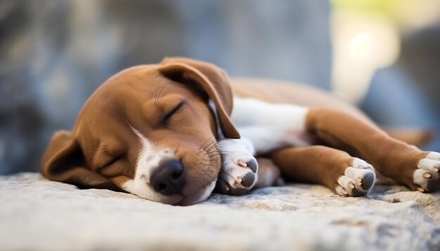 Cute brown little puppy sleeping on a summer day outside