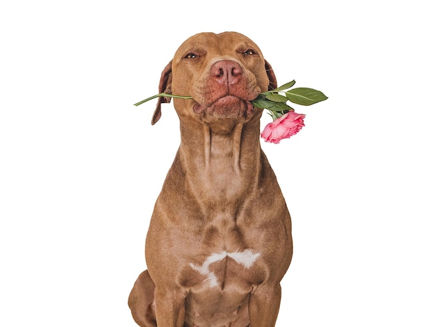 Cute brown puppy and bright flowers Closeup indoors Studio shot Congratulations for family relatives loved ones friends and colleagues Pets care concept