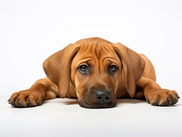 白い背景に分離されて横たわっているかわいい茶色の子犬犬