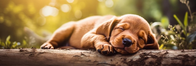 Милый коричневый щенок мирно спит на открытом воздухе в летний день, излучая чувство спокойствия