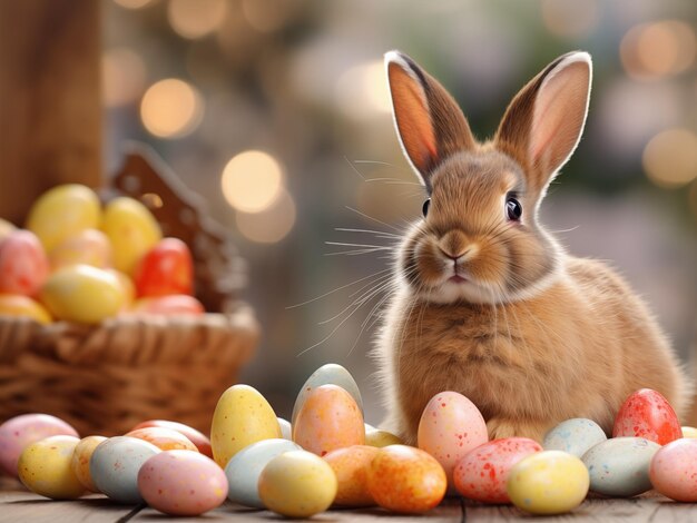 Photo cute brown rabbit with colored eggs and a blurry background