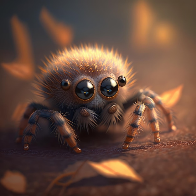 Cute brown spider with orange leaves on blurred background created using generative ai technology