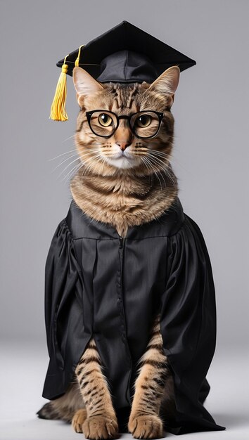 Cute Brown Striped Cat Wearing Graduation Cap and Graduation Suit