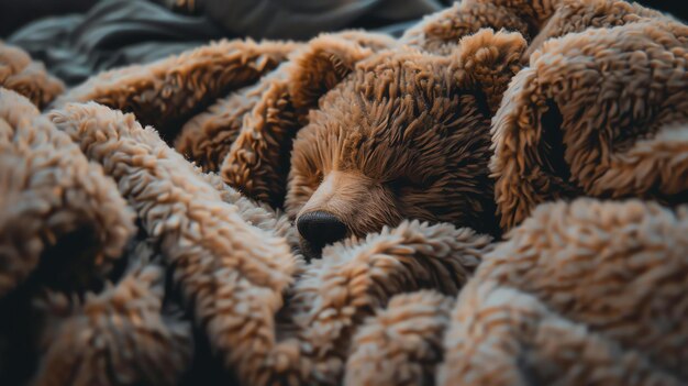 可愛い茶色のテディベアがふわふわした毛布の山の下で深く眠っていますクマの柔らかい毛皮と優しい表情は暖かくて居心地の良い気持ちを作り出します