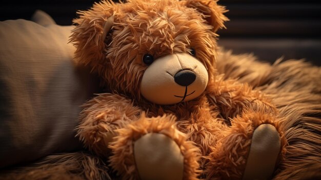 Photo cute brown teddy bear sits on bed at evening