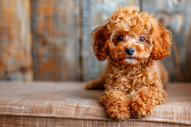 写真 カメラを見ながら田舎の木製の背景に注意深く座っている可愛い茶色いおもちゃのプードル子犬
