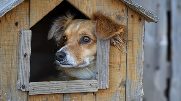 可愛い茶色と白の犬が彼の面に好奇心のある表情で彼の木製の犬舎から外に出てきています