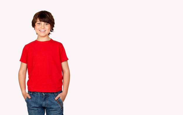 Cute brunette boy in red t shirt