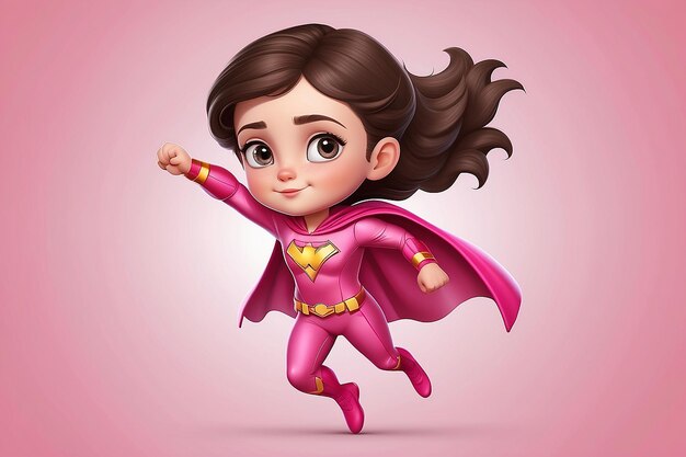 Cute Brunette Girl in Pink Superhero Comics Costume Adorable Kid Character Flying in Superhero Pose Cartoon Style Vector Illustration