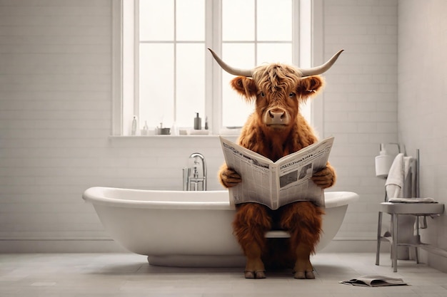 Cute bull sitting in bathtub and reading newspaper Concept of comparison of eras