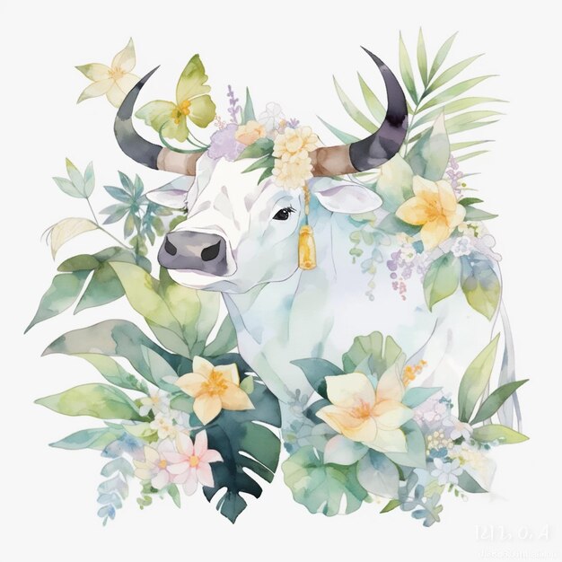 Photo cute bull in tropical leaves illustration of ox animal in pastel colors