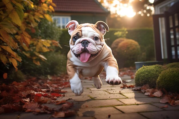 Foto dolce bulldog che gioca all'aperto e copia lo spazio