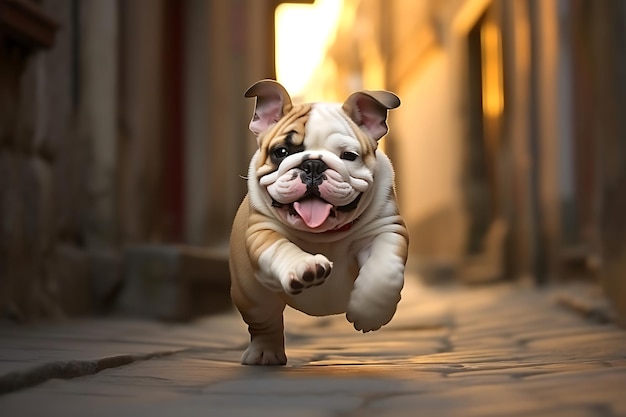 Cute Bulldog Playing Outdoor And Copy Space