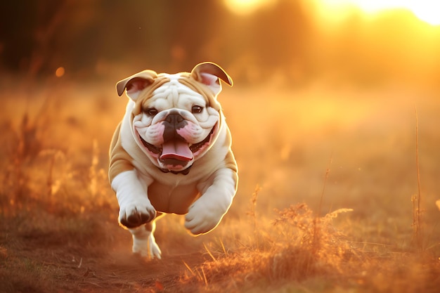 Cute Bulldog Playing Outdoor And Copy Space