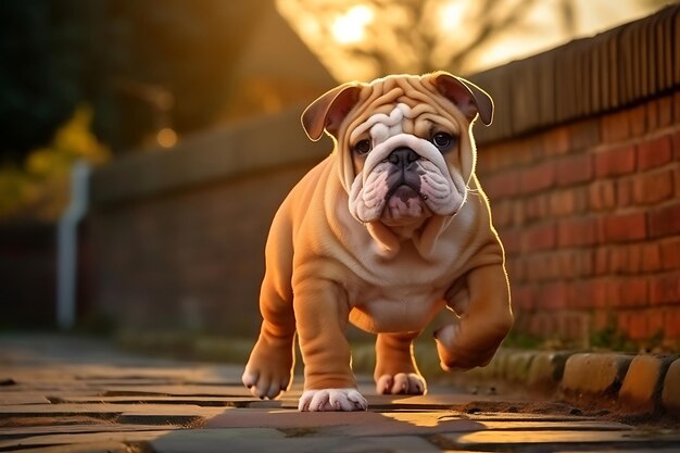 Cute Bulldog Playing Outdoor And Copy Space