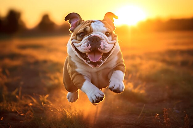 Photo cute bulldog playing outdoor and copy space