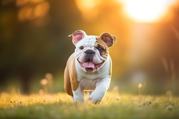 Cute Bulldog Playing Outdoor And Copy Space