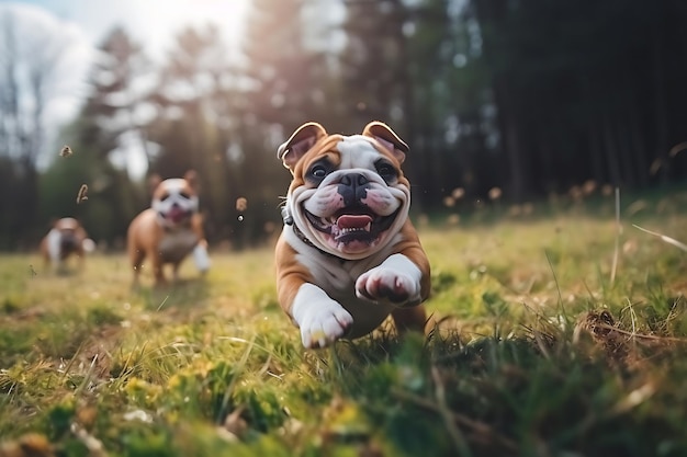 Cute Bulldog Playing Outdoor And Copy Space