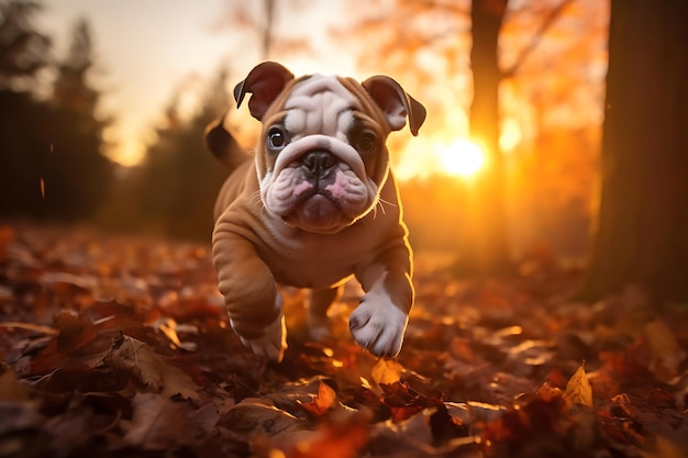 Cute Bulldog Playing Outdoor And Copy Space