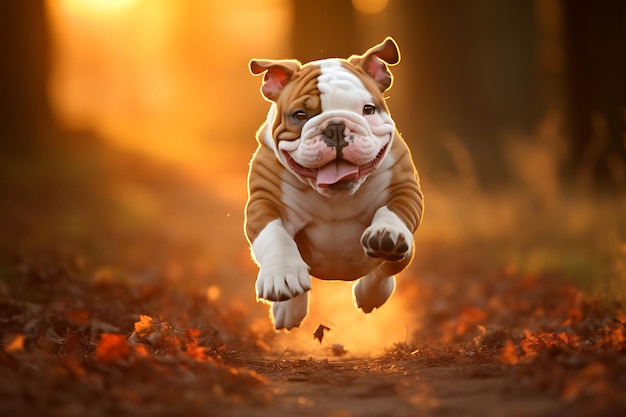 Cute Bulldog Playing Outdoor And Copy Space