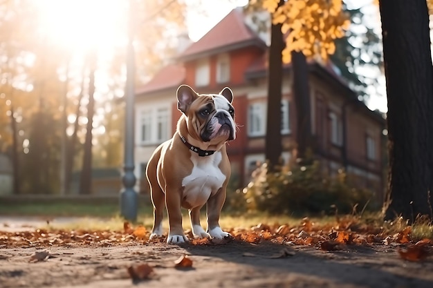 Cute Bulldog Playing Outdoor And Copy Space